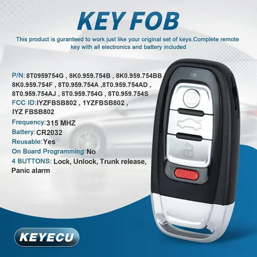 Vista 2 de Keyecu Smart Prox - Llavero remoto de entrada sin llave para Audi A4 A5 Q5 2010 2011 2012 2013 2014 2015 2016 (no funciona con acceso cómodo)