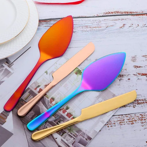 Vista 3 de Pastel de boda cuchillo y pala, Acero Inoxidable Arco Iris Espátula Herramienta de Hornear Pastel Sever Mantequilla Cuchillos Para Pie/Pizza/Queso