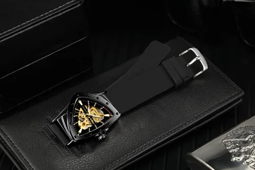 Vista 6 de FORSINING Reloj de pulsera mecánico triangular impermeable para hombre con correa de silicona
