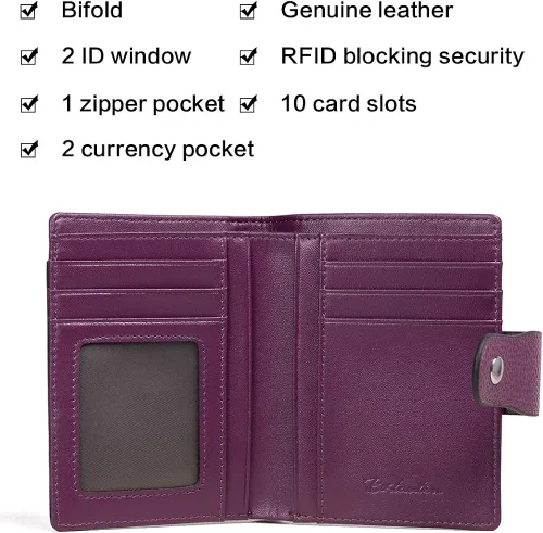 Vista 5 de BOSTANTEN - Billetera de cuero para mujer con bloqueo RFID, pequeña, con cremallera, de bolsillo, para tarjetas, con ventana para documento