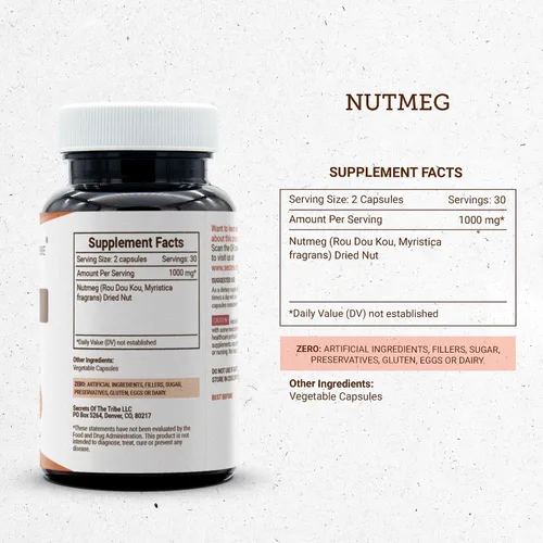 Vista 3 de Secrets of the Tribe Nuez moscada 60 cápsulas, 1000 mg, Nuez moscada (Rou Dou Kou, Myristica Fragrans) Nuez seca (60 Cápsulas)