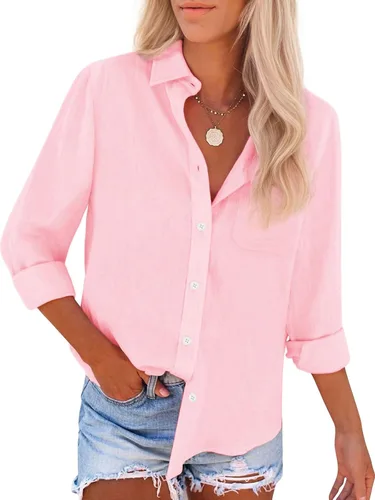 Vista 17 de Camisas de algodón con botones, para mujer, camisas de vestir Oxford, camisas de trabajo de manga larga, blusas con cuello y bolsillo