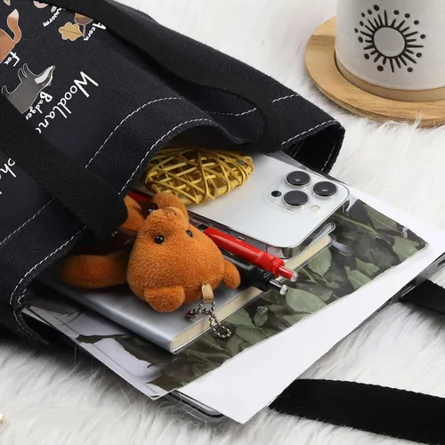 Vista 4 de LEVLO Bolsa de lona con diseño de alfabeto de animales - Bolsa de comestibles con temática de bosque A-Z