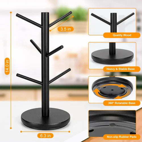 Vista 7 de MyLifeUNIT Árbol Portatarjetas, Soporte para Tazas Giratorias 360° con 6 Ganchos, Organizador de Soporte para Tazas de Café de Madera para Encimera