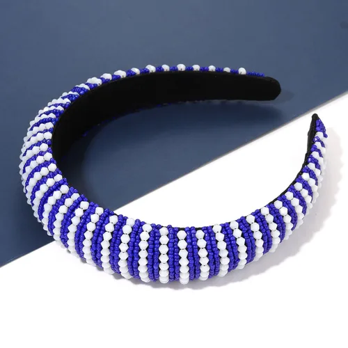 Vista 2 de NVENF Diademas para el día del partido, diadema de fútbol para mujer, con cuentas de cristal y cuentas azules y blancas, accesorios de fútbol