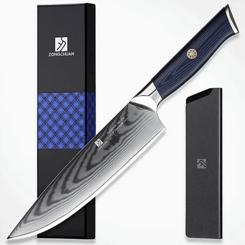 Vista 13 de Cuchillo de chef de Damasco de 8 pulgadas, cuchillo de cocina de acero inoxidable de alto carbono de 67 capas con mango ergonómico G10, funda