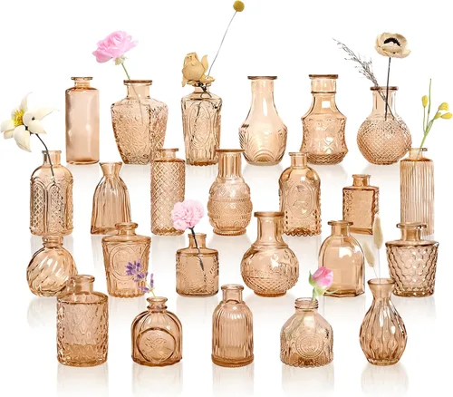 Vista 11 de Juego de 12 jarrones de vidrio ámbar, jarrones de capullo transparentes a granel, mini jarrones para flores, pequeños jarrones de flores