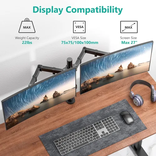 Vista 2 de Soporte de monitor dual para pantallas de 13 a 27 pulgadas, brazos de monitor dobles para 2 monitores de hasta 22 libras, soporte de escritorio