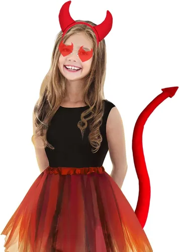 Vista 4 de Conjunto de disfraz de demonio de Halloween, diadema de cuernos de diablo y cola de diablo y cuernos de diablo, lentes de sol de corazón