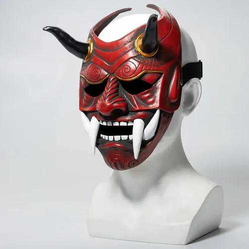 Vista 5 de HTLNUZD Máscara completa de látex de Halloween, máscara de cosplay japonesa para PrajnaHeadgear Samurai Evil KabukiHannya Party Mask Decora Negro