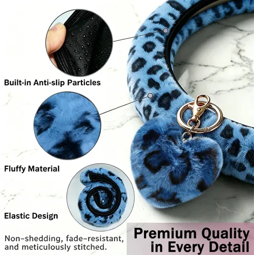 Vista 4 de Funda de volante de leopardo con llavero, protector de volante de piel elástica y mullida, guepardo, accesorios de automóvil para mujeres y niñas
