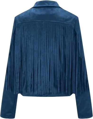 Vista 5 de DESKABLY Women Fashion Cropped Tassel Fringe Faux Suede Leather Jacket Fall Winter Long Sleeve Lapel Neck Moto Coat Outwear