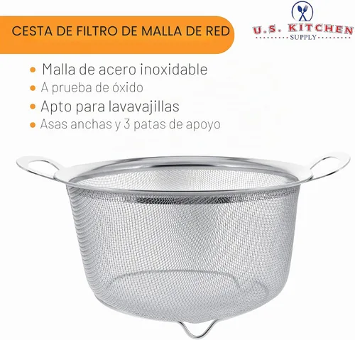 Vista 3 de Colador de acero inoxidable U.S. Kitchen Supply con malla de 3 cuartos de galón, tipo canastilla con un amplio borde, pies de apoyo y asas