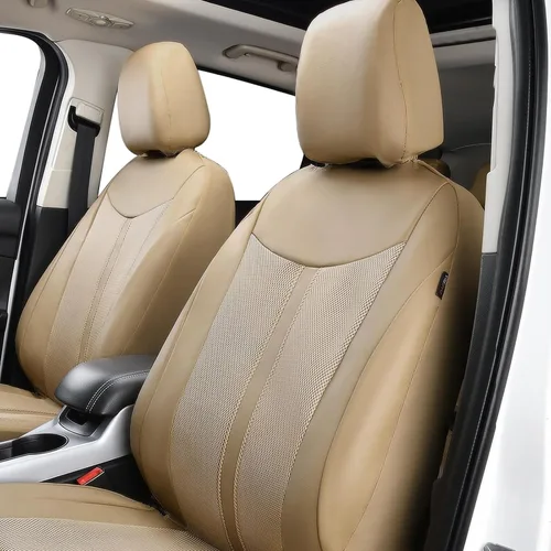 Vista 4 de Flying Banner Juego completo de fundas de asiento de coche, asiento delantero y trasero, malla de aire de piel sintética, transpirable, beige