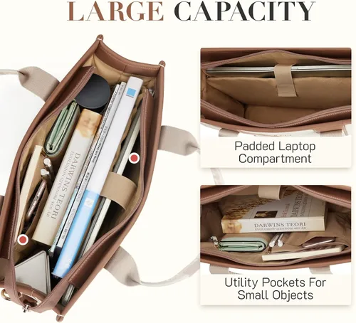 Vista 3 de Missnine Bolsa de lona para laptop de 15.6 pulgadas, bolsa de hombro para profesores, maletín para viajes, oficina, escuela, marrón, beige