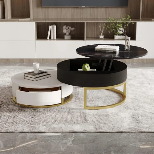 Vista 3 de Mesa auxiliar elevable, mesa de centro redonda con almacenamiento oculto, juego de 2 mesas auxiliares anidables, mesa auxiliar, mesa central
