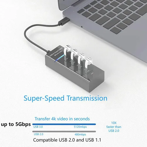 Vista 4 de USB 3.0 4-Port Hub Data 5Gbps Splitter USB Extender con indicador LED y cable extendido 9.8in/25cm para PC Flash Drive Laptop Impresora HDD móvil