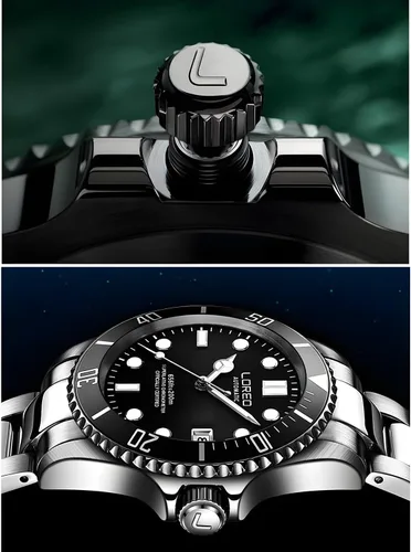 Vista 6 de LOREO Reloj automático para hombre con bisel giratorio de cristal de zafiro de acero inoxidable negro completo