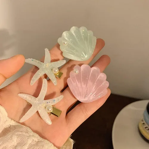 Vista 4 de Seashell - Pinzas para el cabello de estrella de mar para niñas, 8 piezas de pinzas de pelo de color princesa sirena, horquilla para el cabello