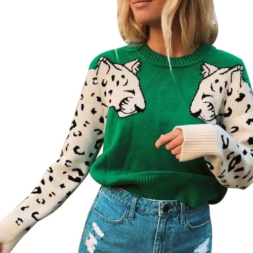 Vista 2 de JUNBOON Suéteres de punto con estampado de leopardo para mujer de manga larga cuello redondo