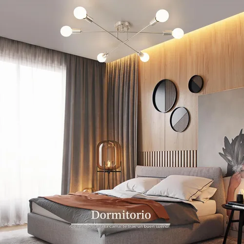 Vista 7 de Candelabros Sputnik modernos de 6 luces, lámparas de araña de techo semiempotradas de plata de mediados del siglo XX con base E26, lámpara Plateado