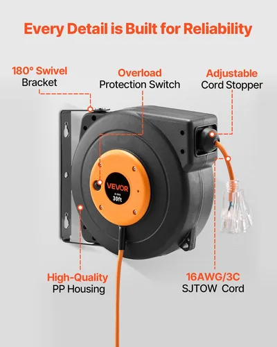 Vista 12 de VEVOR Carrete de cable de extensión retráctil de 25 pies resistente 14AWG Rojo