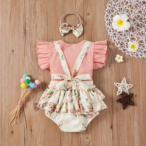 Vista 3 de CIYCUIT Ropa de verano para niña recién nacida camiseta acanalada con volantes florales pantalones cortos con tirantes trajes de diadema