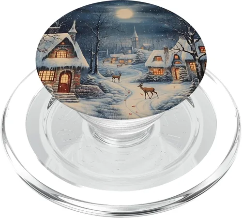 Vista 8 de Paisaje de invierno Village Navidad Navidad Ciervo de nieve PopSockets PopGrip estándar