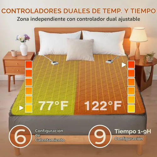 Vista 2 de Electric Heated Mattress Pad 78x80IN Dual Controllers Heating Mattress Pad King Size 6 Heat Settings 1-9-Hour Timer Auto-Off Deep Pocket Machine