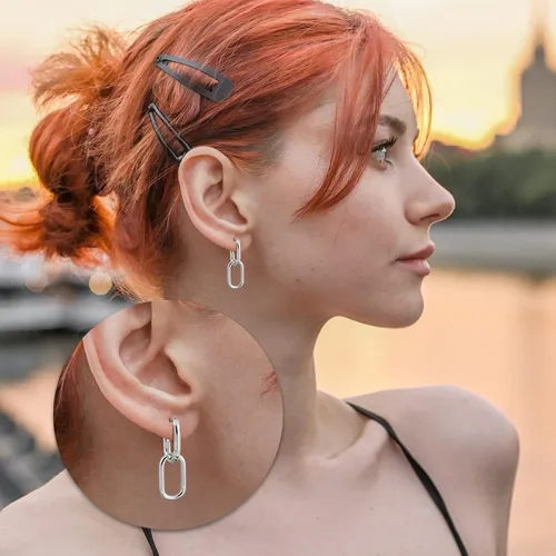 Vista 2 de Aretes de aro de plata de ley 925 con doble ovalado para mujer, pequeños aretes de aro de plata para orejas sensibles, aretes de aro cuadrados