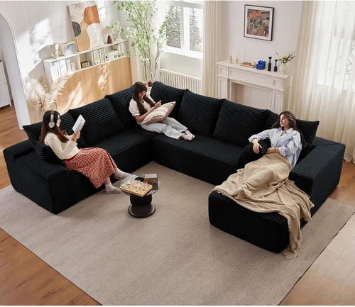 Vista 20 de Sofá modular de nube de 140 pulgadas para sala de estar, sofá modular de asiento profundo, juego de sofás de pana grandes y cómodos con espuma Negro