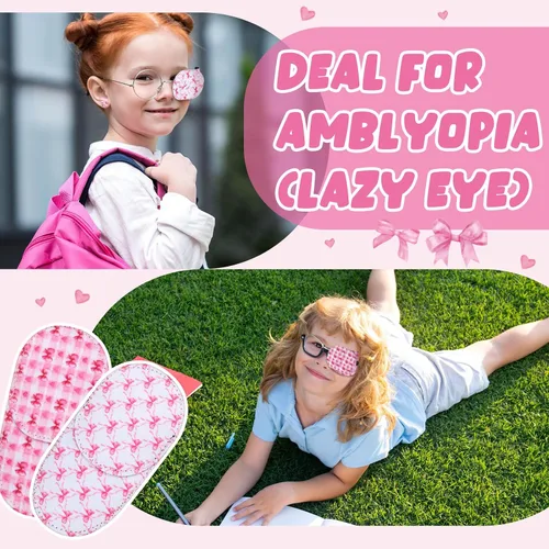 Vista 7 de Kingdder 20 parches de ojos rosas para niños pequeños para lentes izquierdo o derecho, reutilizable, ajustable, lazo de estilo rosa para niñas