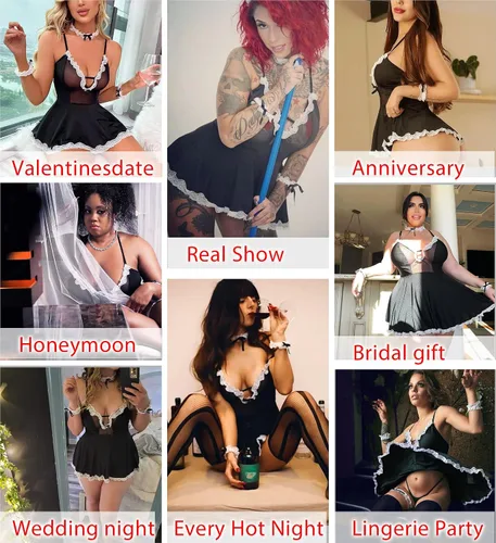 Vista 3 de Avidlove Lencería sexy para mujer, juego de rol, traje de sirvienta, cosplay, vestido de lencería de encaje travieso babydolls lencería