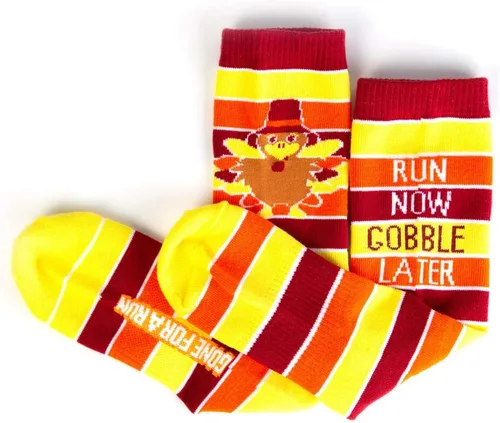 Vista 2 de Gone For a Run calcetines altos para correr con leyenda "Run Now Gobble Later" (amarillonaranjacafé)