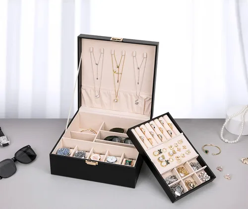 Vista 7 de Voova Joyero organizador para mujeres adolescentes y niñas estuche de almacenamiento grande de 2 capas para hombres soporte de joyería de piel