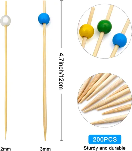 Vista 2 de BLUE TOP 200 palillos de cóctel de perlas de madera colorida para bebidas y alimentos, palillos de dientes de cóctel de 4.7 pulgadas