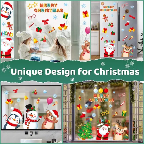 Vista 5 de Adhesivos de ventana de Navidad, 9 hojas de calcomanías de ventana de Navidad, Papá Noel, muñeco de nieve, reno, copo de nieve de Navidad