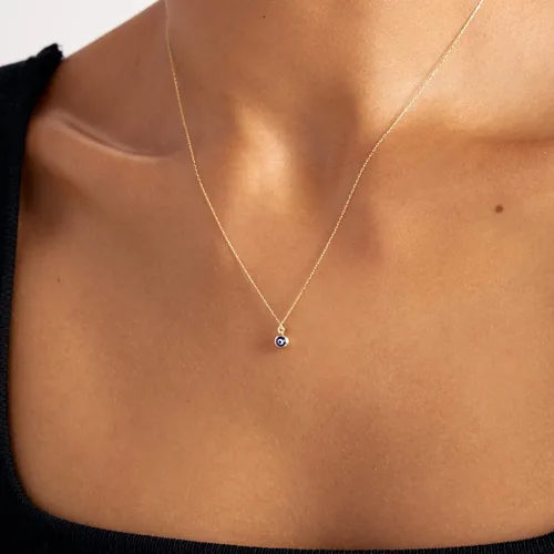 Vista 3 de Collar de oro macizo de 14 quilates de ojo malvado azul Collares Hamsa de oro amarillo de 14 quilates para mujer Collar con colgante de bola