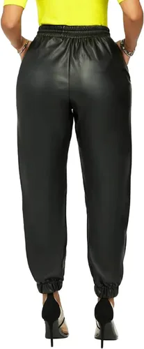 Vista 4 de Pantalones deportivos de piel sintética para mujer, estilo casual, elástico, cintura media, con cordón, pierna ancha, a rayas, de piel sintética