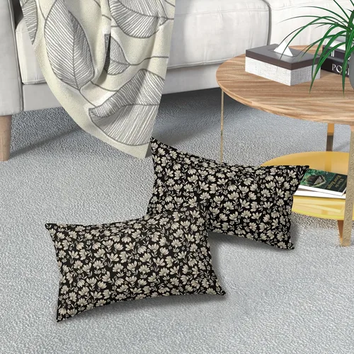 Vista 7 de Juego de 2 fundas de almohada lumbares con estampado de bloques florales de margaritas negras y marrones de 12 x 20 pulgadas, fundas de almohada