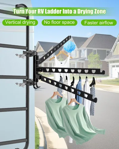 Vista 2 de Estante de secado de ropa de escalera RV de aluminio de 3 brazos con abrazaderas de acero inoxidable 304 180° ajustable, capacidad de carga de 90
