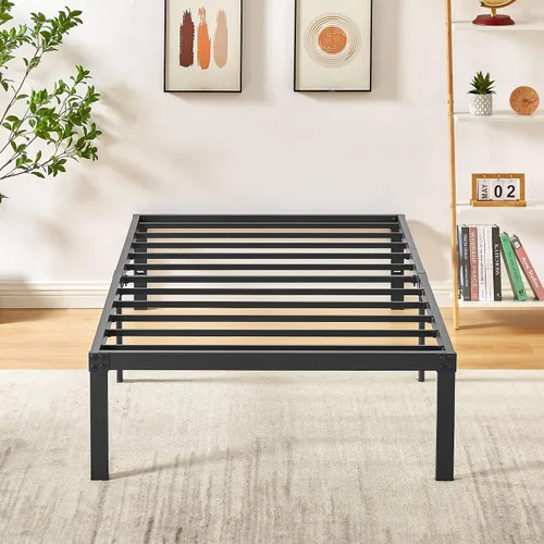 Vista 2 de VECELO Marco de cama de metal de 14 pulgadas, plataforma de listones de acero básico negro, listones de acero resistente, sin ruido y no necesita