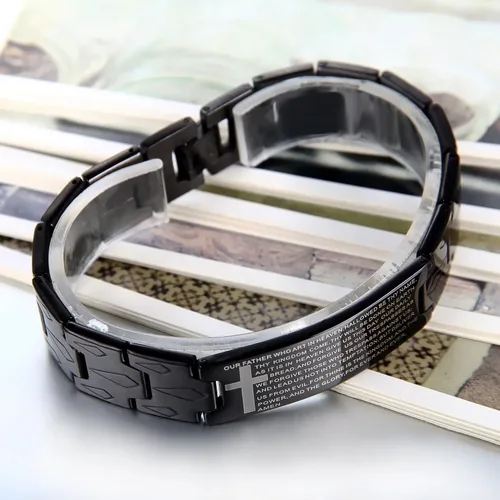 Vista 2 de Flongo Pulsera vintage de acero inoxidable para hombre, con cruz negra, con texto en inglés