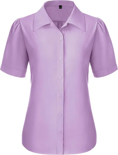 Vista 28 de Gleeivy Camisas de botones para mujer de manga corta abombada, camisas de vestir abotonadas con cuello ajustado, blusa superior de trabajo