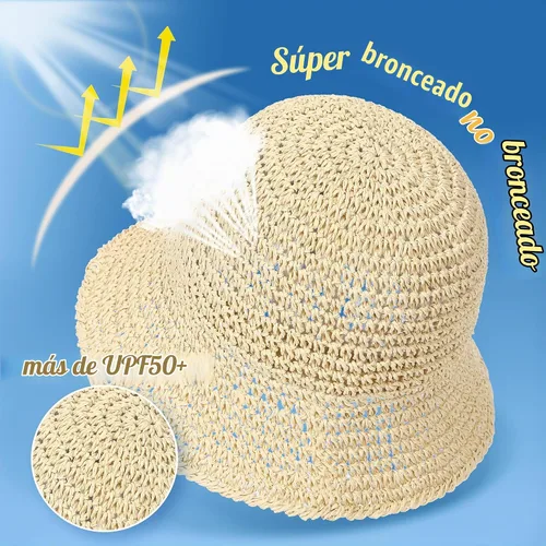 Vista 2 de Sombrero de sol para mujer, hecho a mano, con paja, protección UV, para viajes, verano, playa Beige