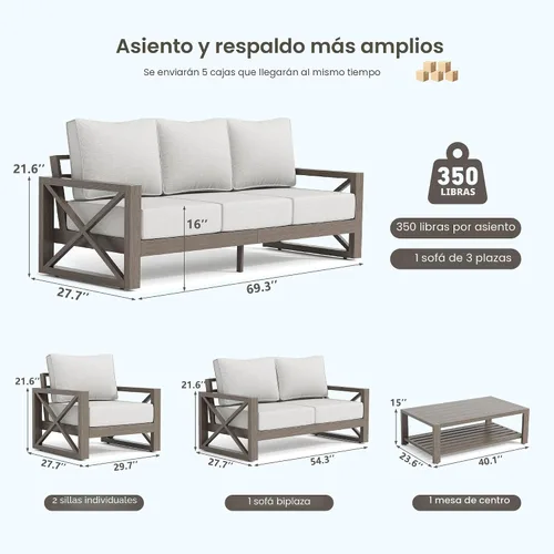 Vista 9 de UDPATIO - Juego de muebles de aluminio para patio al aire libre, grano de madera sintética, 5 piezas, color beige