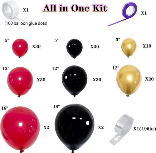 Vista 2 de Kit de arco de guirnalda de globos rojos y negros, globos grandes y pequeños y medianos dorados metálicos para baby shower, fiestas, cumpleaños
