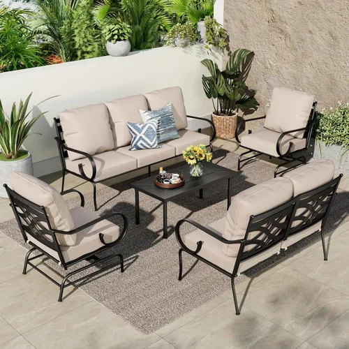 Vista 9 de PHI VILLA Juego de 2 sillas mecedoras para patio al aire libre, sillones metálicos para patio, sofás resistentes para exteriores con cojines de 5.5