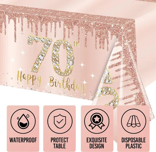 Vista 3 de Pack de 3 manteles de cumpleaños número 70 para mujer, rosado y dorado, mantel de plástico desechable rectangular para fiesta de cumpleaños número
