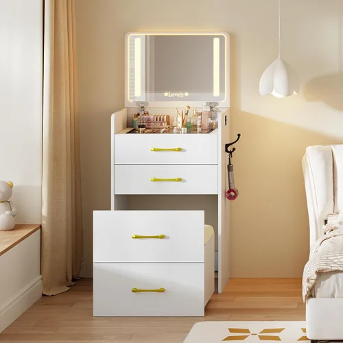 Vista 9 de Escritorio de tocador 3 en 1 con espejo abatible y luces, mesa de tocador de maquillaje con parte superior de vidrio con estación de carga, tocador